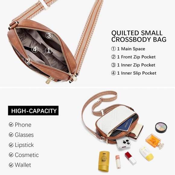 Bostanten Women Black With BrownPU leather Quilted Crossbody Bag With Wide Strap - Picture 5 of 6